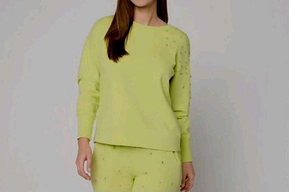 Mally Roncal Size M Pear Green French Terry Jeweled Sweatshirt A716977 NWOT